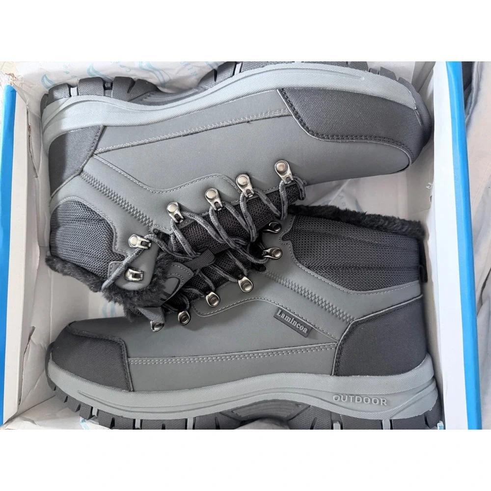 Lamincoa Mens Winter Snow Boots Grey Water Resistant Fur Lined Sz 12 NEW IN BOX
